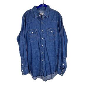 Retro Wrangler Denim Pearl Snap Shirt 17.5" Western Cowboy Farm Concert Classic